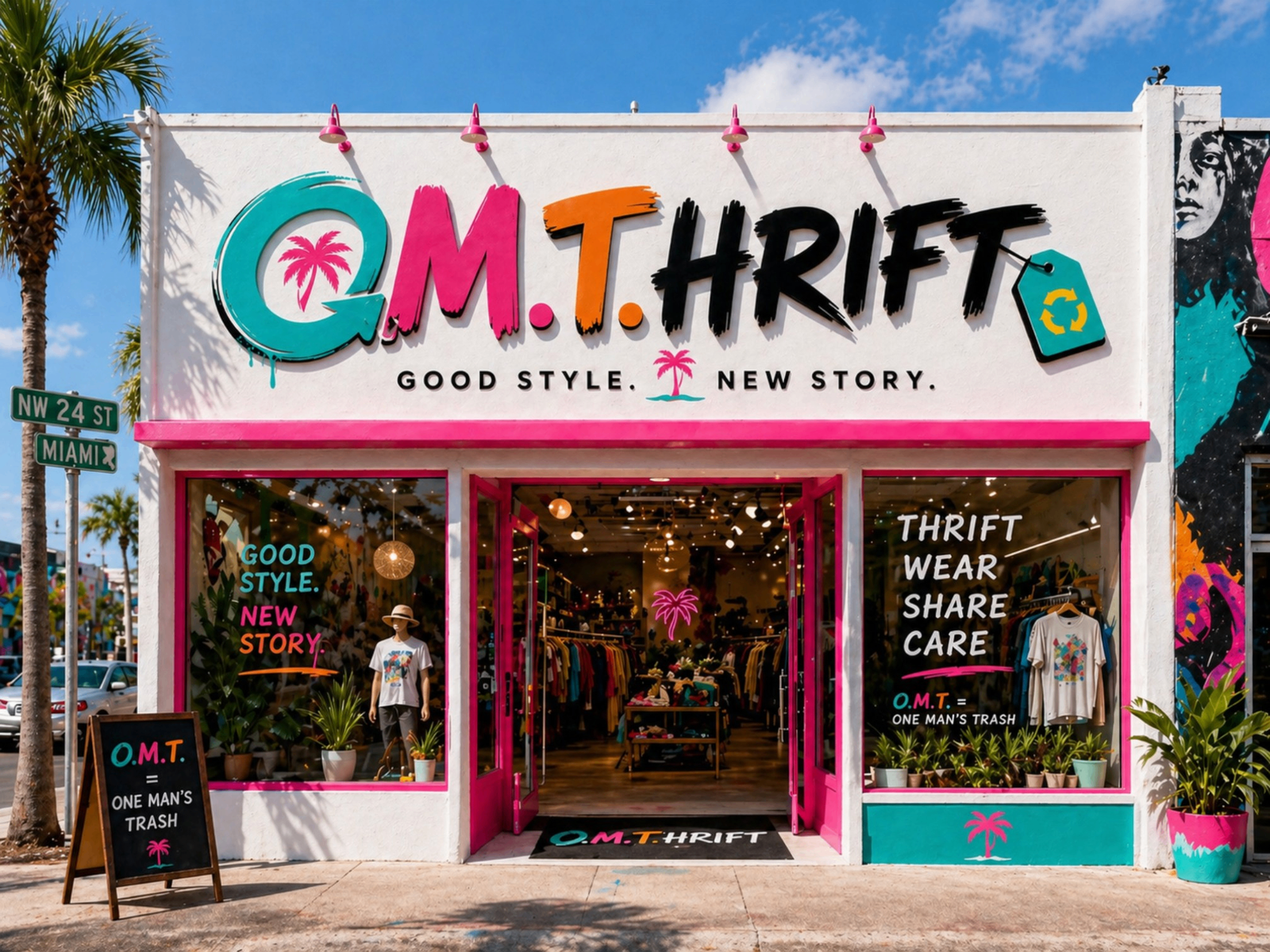 O.M.THRIFT storefront displaying secondhand goods